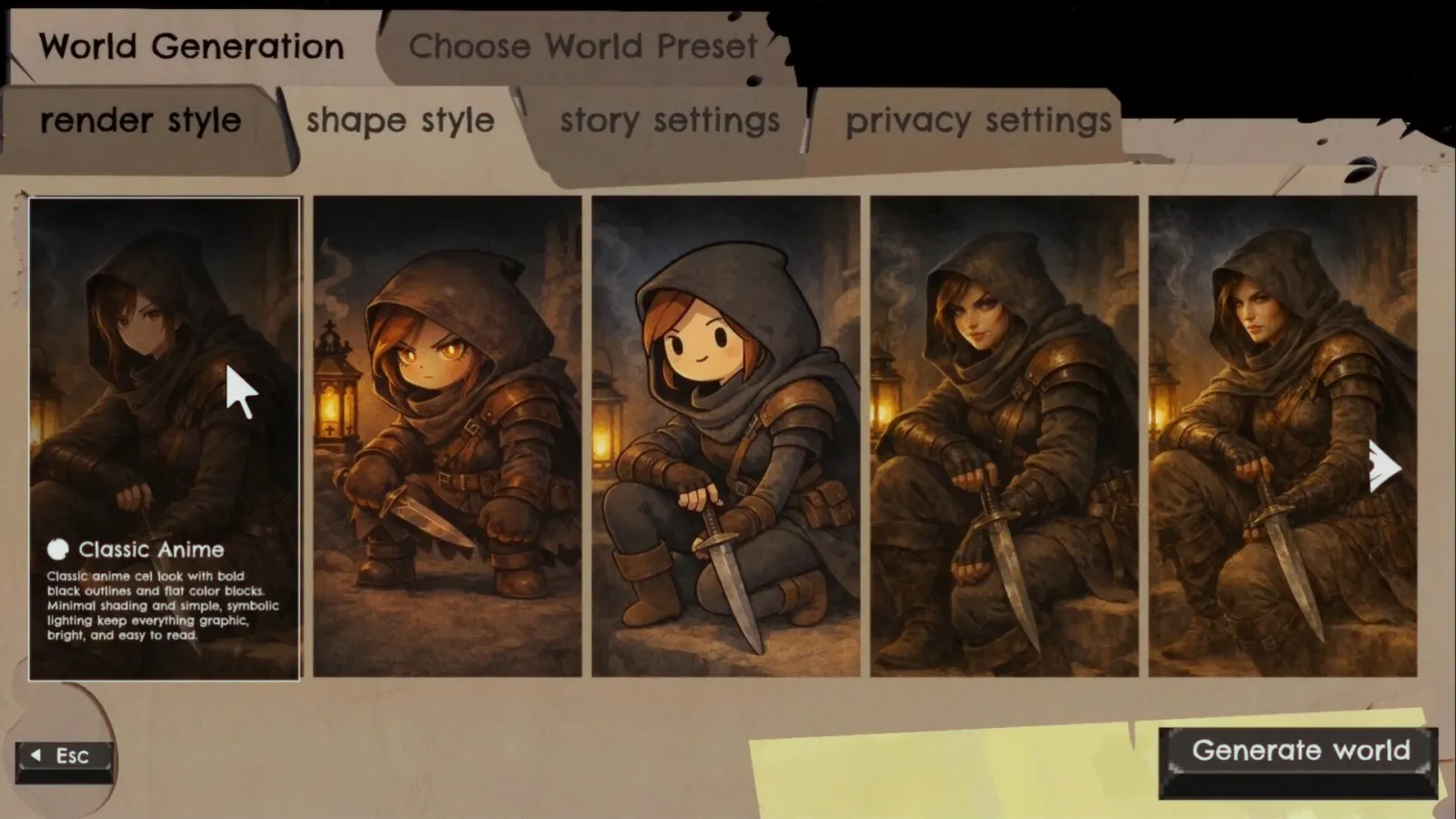 Unscriptum world-generation screen with selectable character render styles