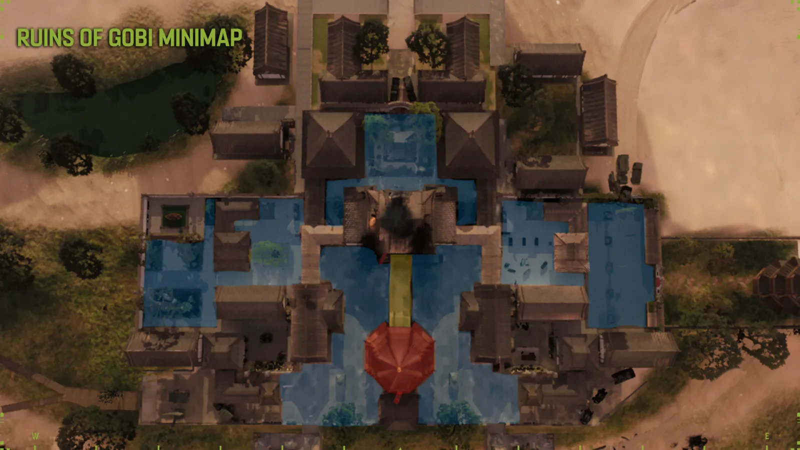 Top-down Ruins of Gobi layout showing comparable routes around a central tower