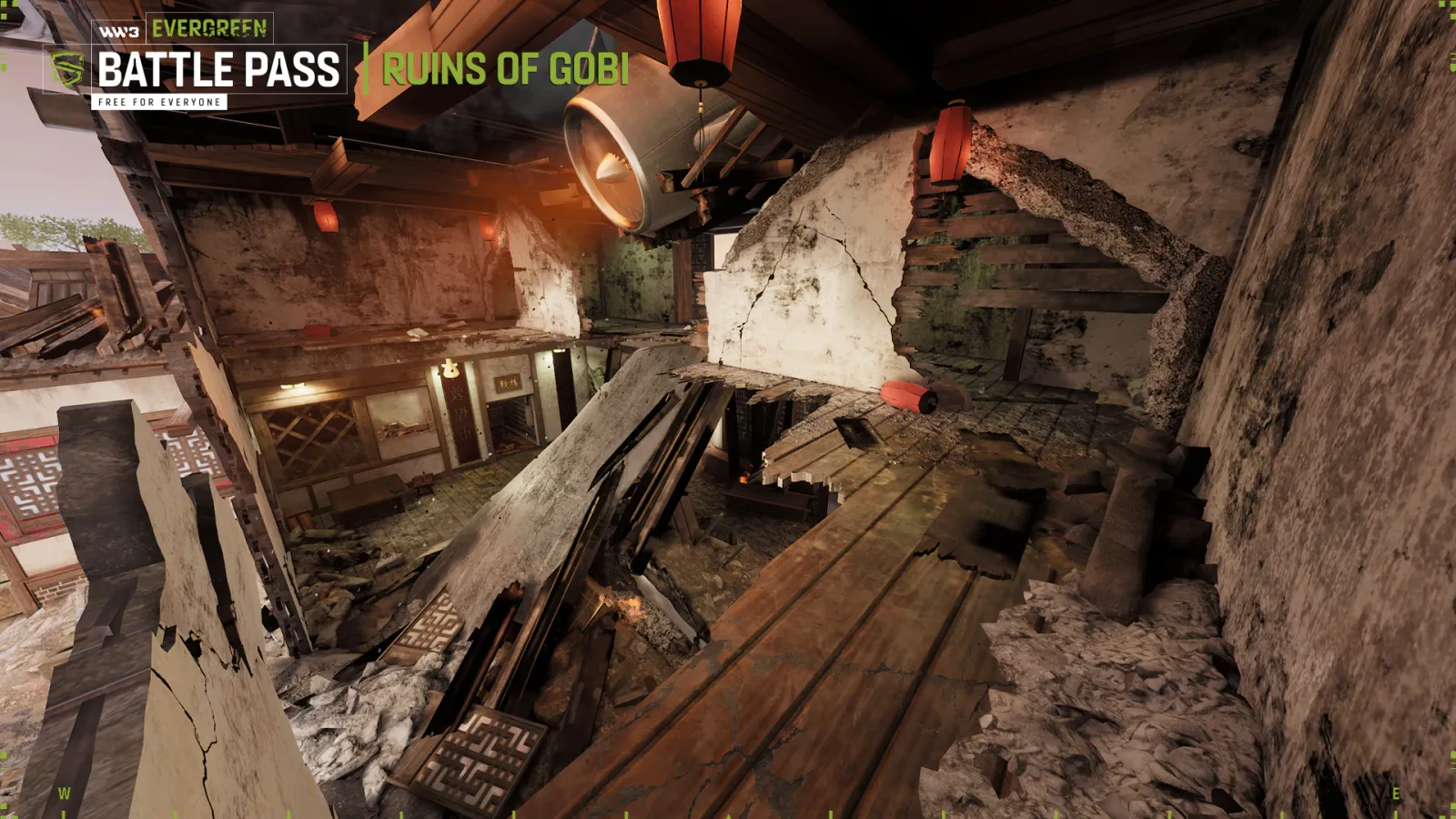 Destroyed central tower interior with connected upper and lower combat levels