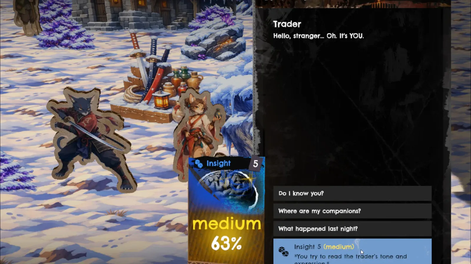 Unscriptum dialogue screen with response choices and an Insight skill check